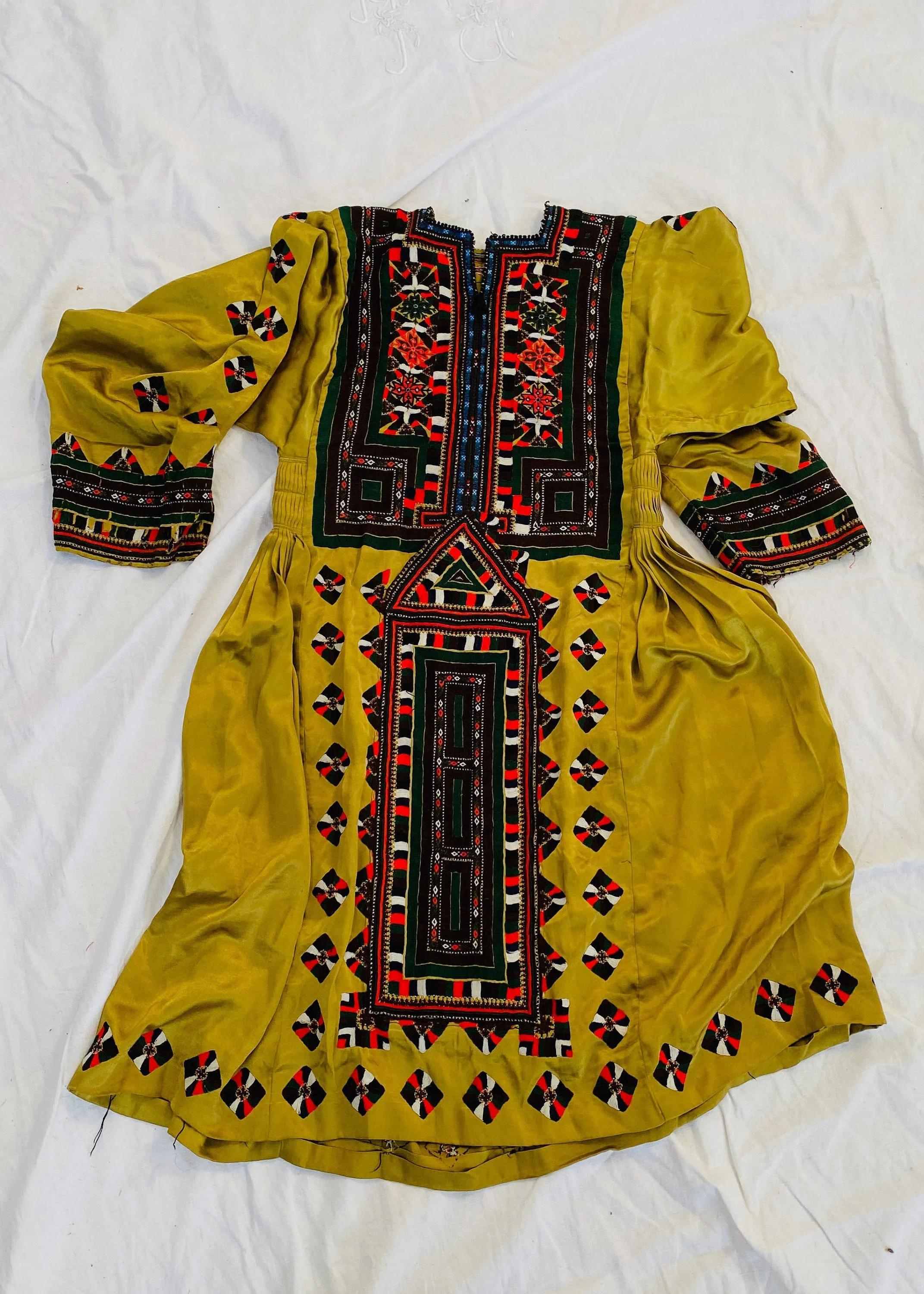 Vintage Balochi Hand-Embroidered Satin Dress. M-L