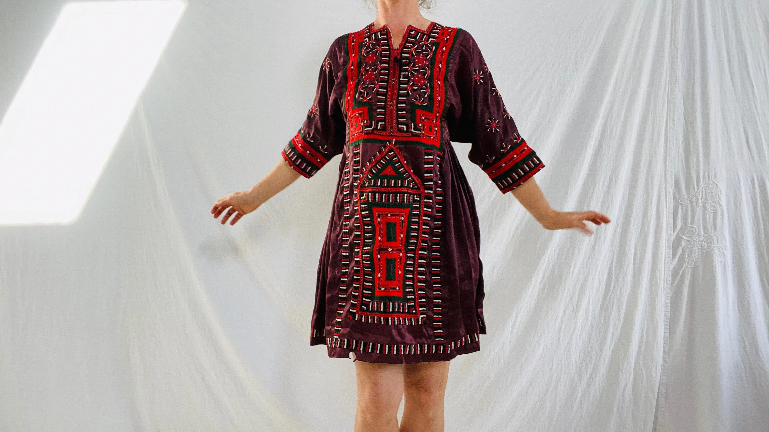 Vintage Balochi Hand-Embroidered Satin Dress. XS-S