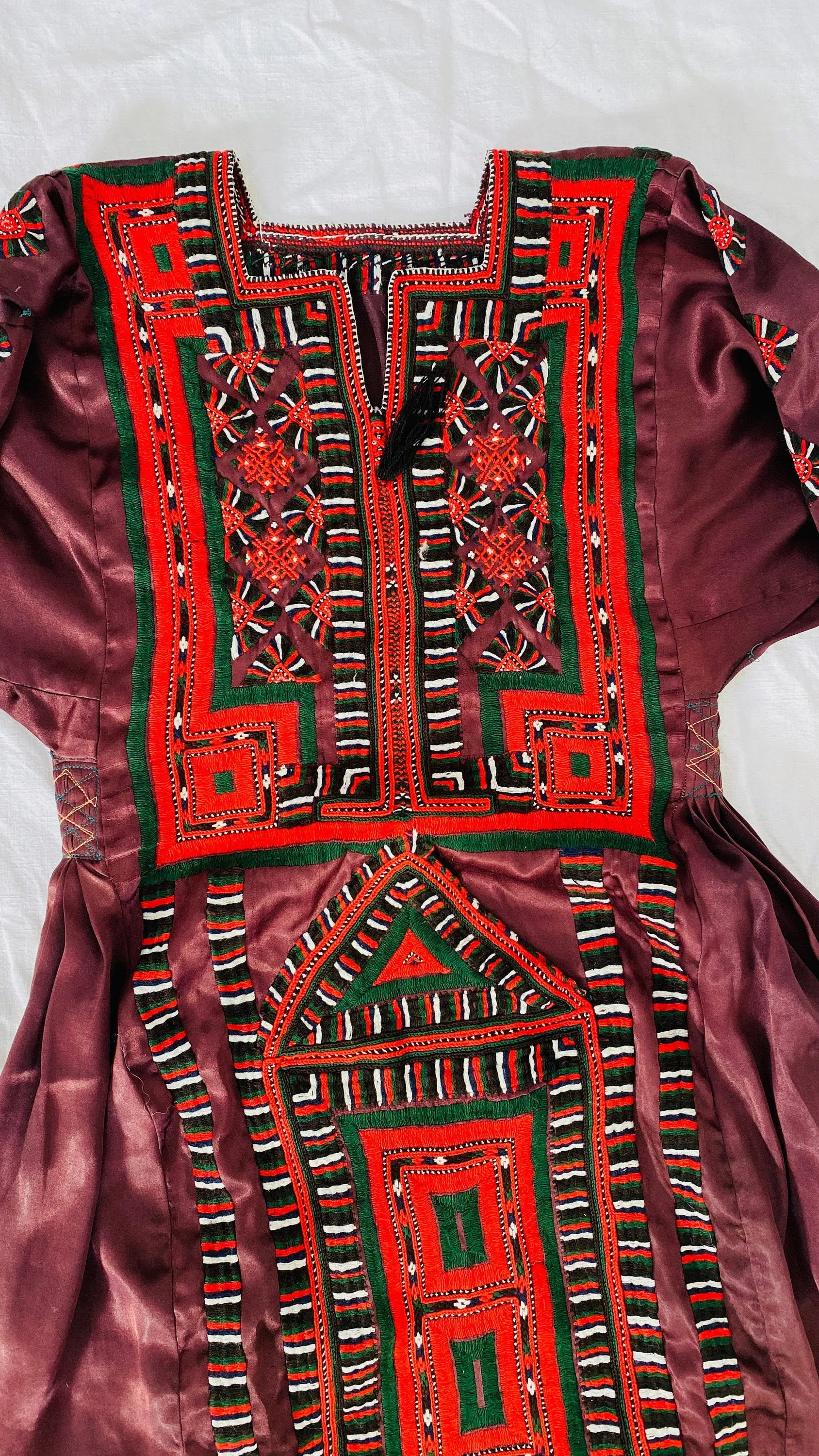 Vintage Balochi Hand-Embroidered Satin Dress. XS-S
