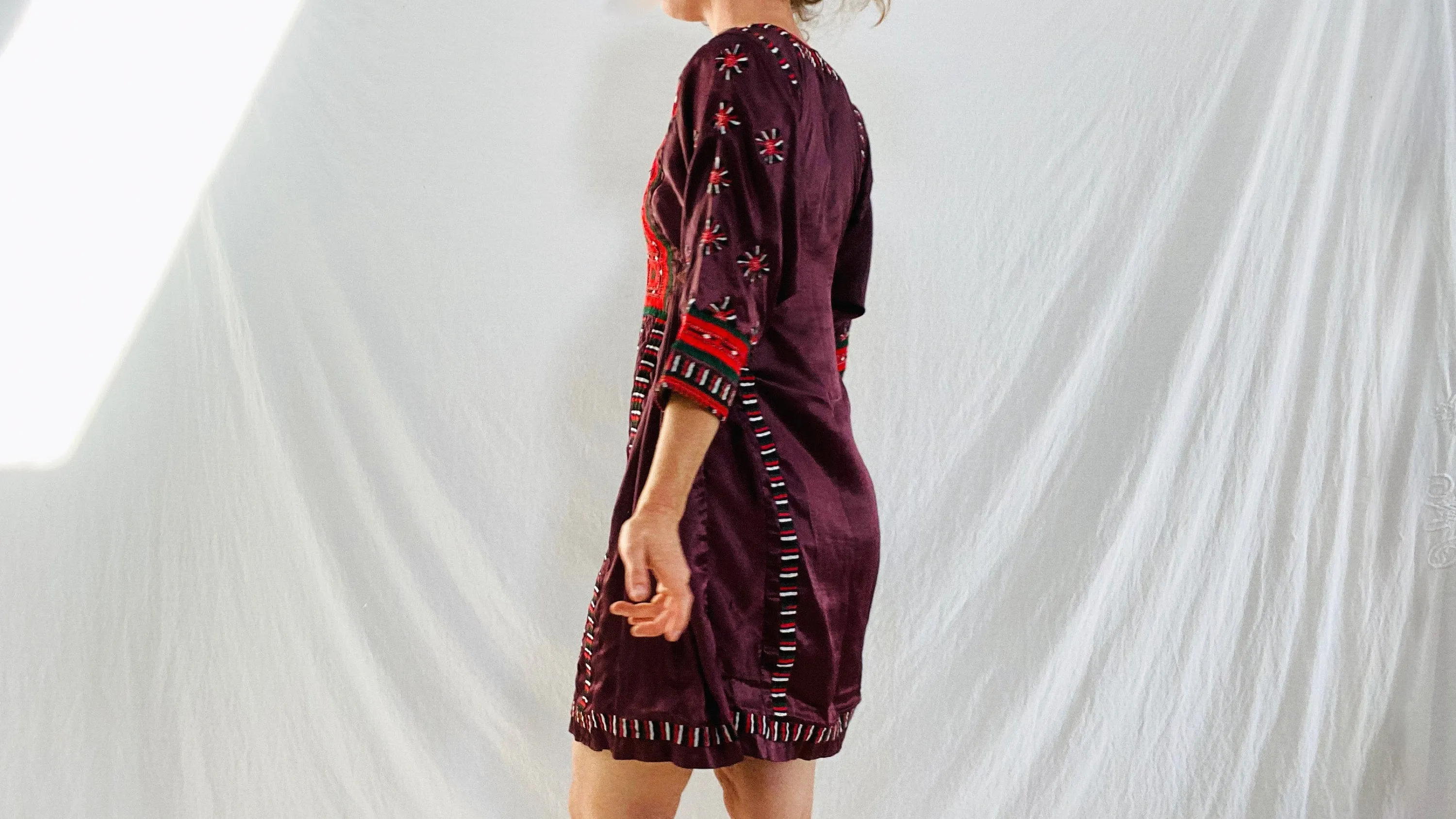 Vintage Balochi Hand-Embroidered Satin Dress. XS-S