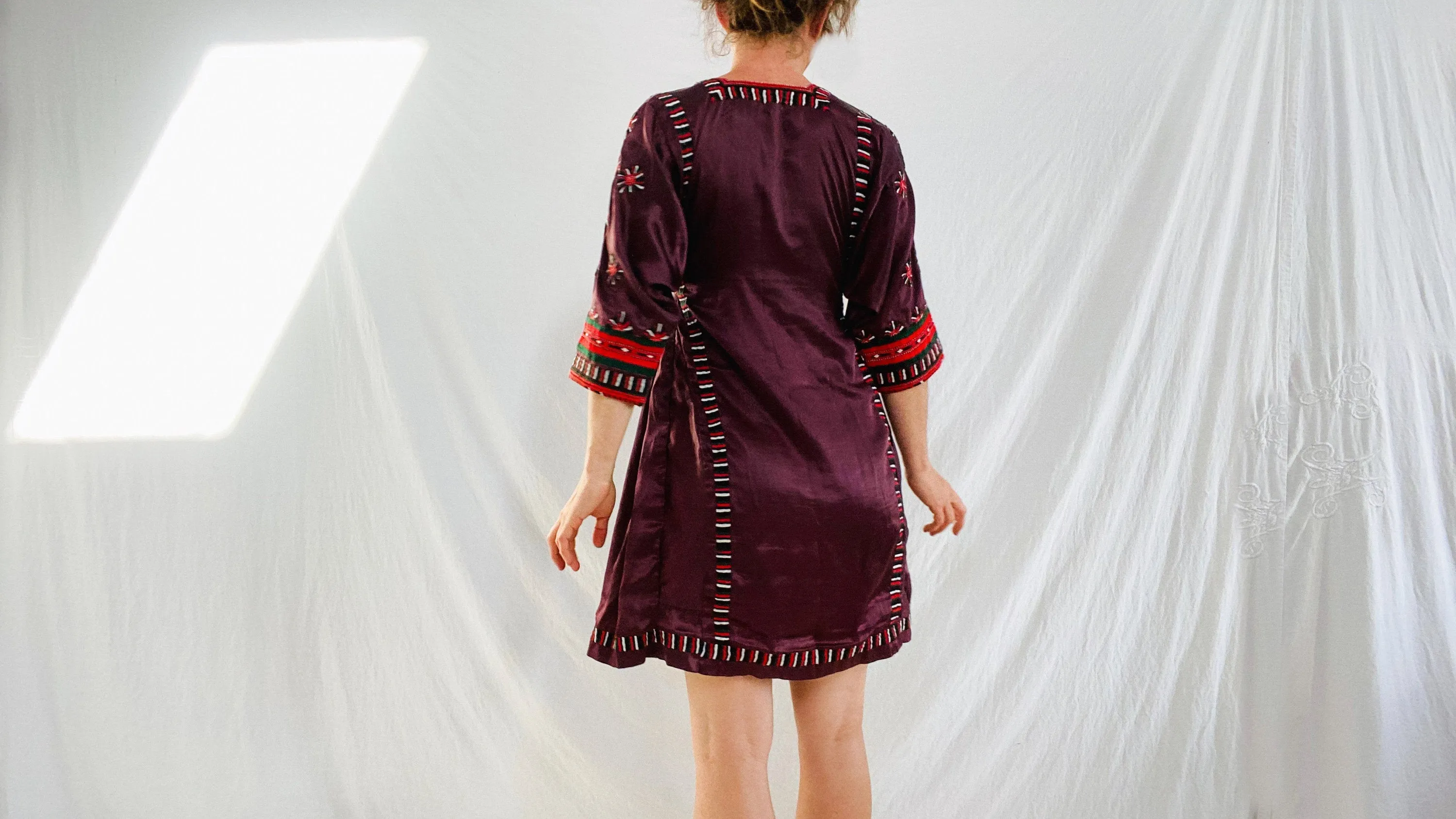Vintage Balochi Hand-Embroidered Satin Dress. XS-S