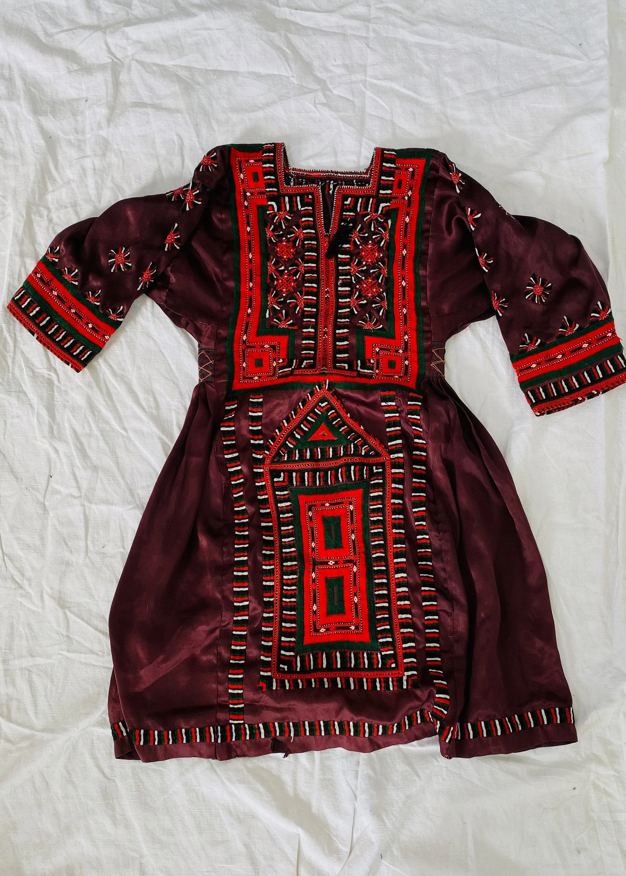 Vintage Balochi Hand-Embroidered Satin Dress. XS-S